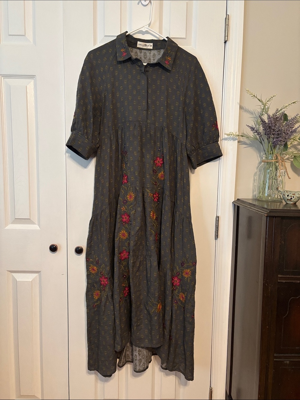 NATURAL LIFE Dark Gray Floral Embroidered Midi Dress